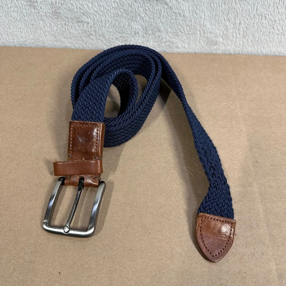 Tommy Bahama Braided Belt Mens L/XL Navy Blue Woven Leather Trim Stretch Casual